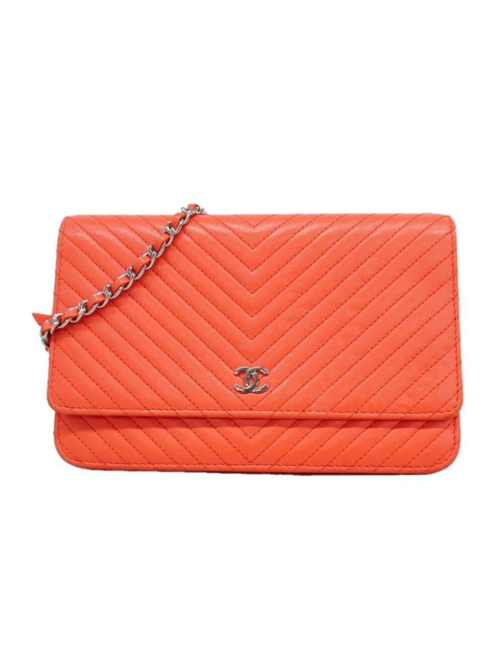 Chanel Wallet on Chain V-stitch Lambskin Orange Silver Shoulder Bag